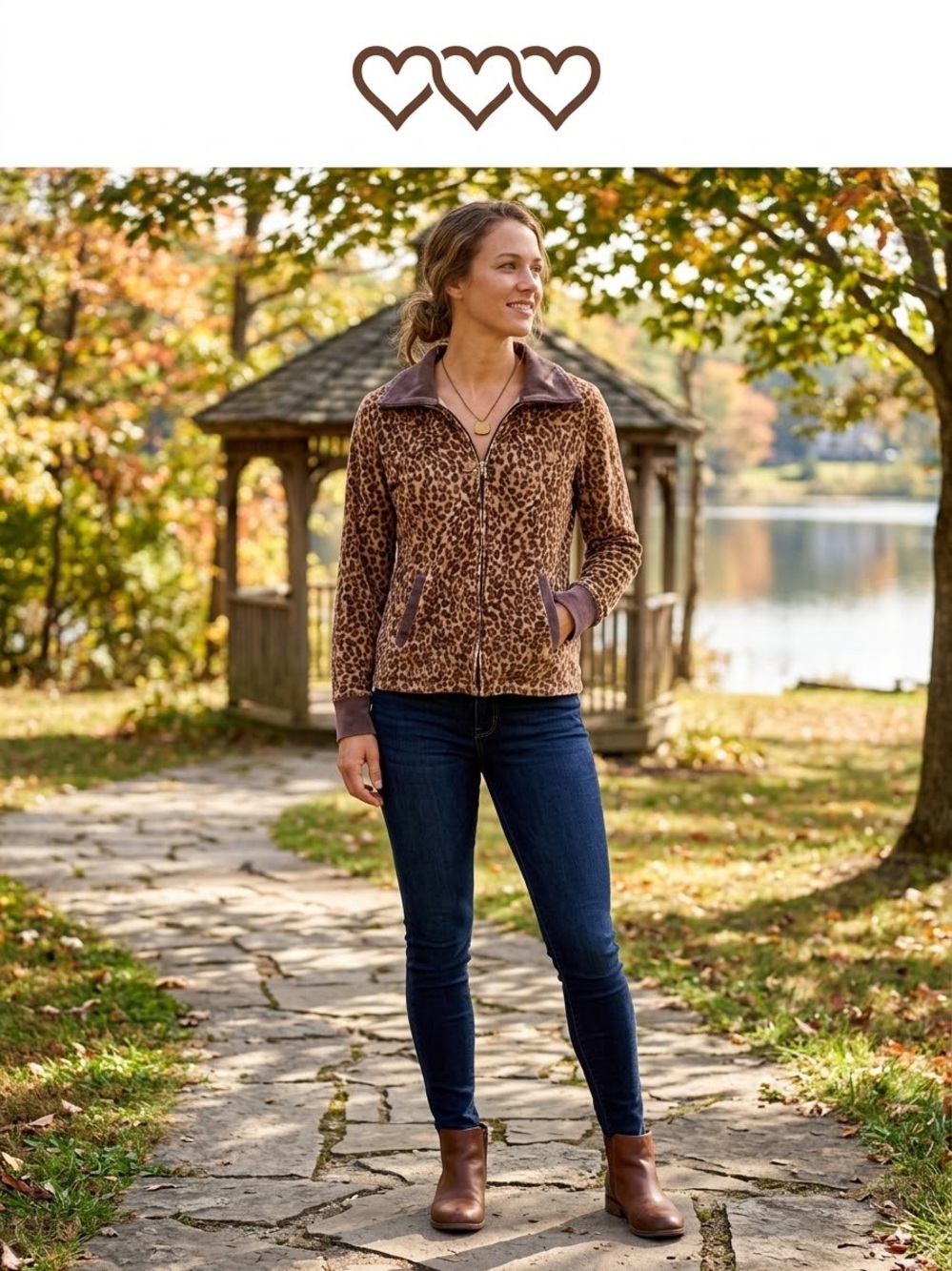 Three Hearts Leopard-Print Teddy Jacket in Brown & Taupe